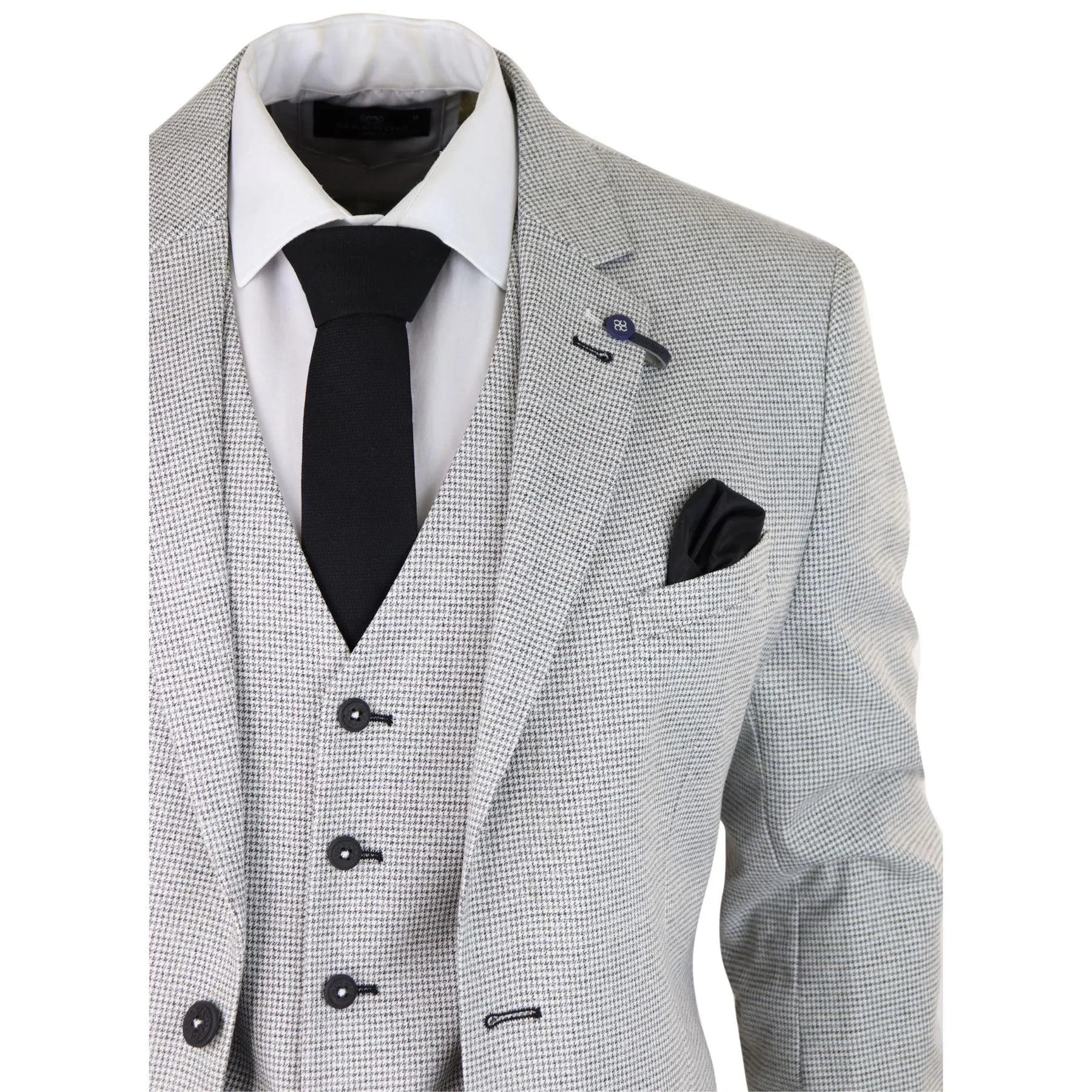 Mens 3 Piece Light Grey Black Check Suit Tailored Fit Retro Vintage Classic Smart