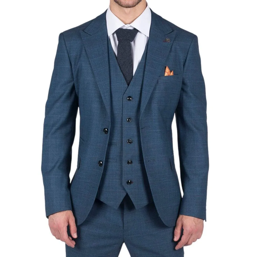 Mens 3 Piece Prince Of Wales Check Suit Blue Classic Light Tailored Fit Modern