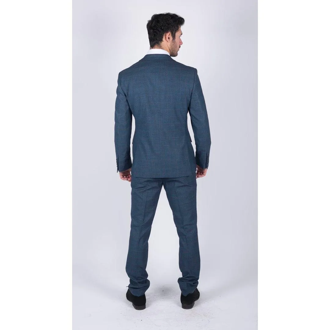 Mens 3 Piece Prince Of Wales Check Suit Blue Classic Light Tailored Fit Modern