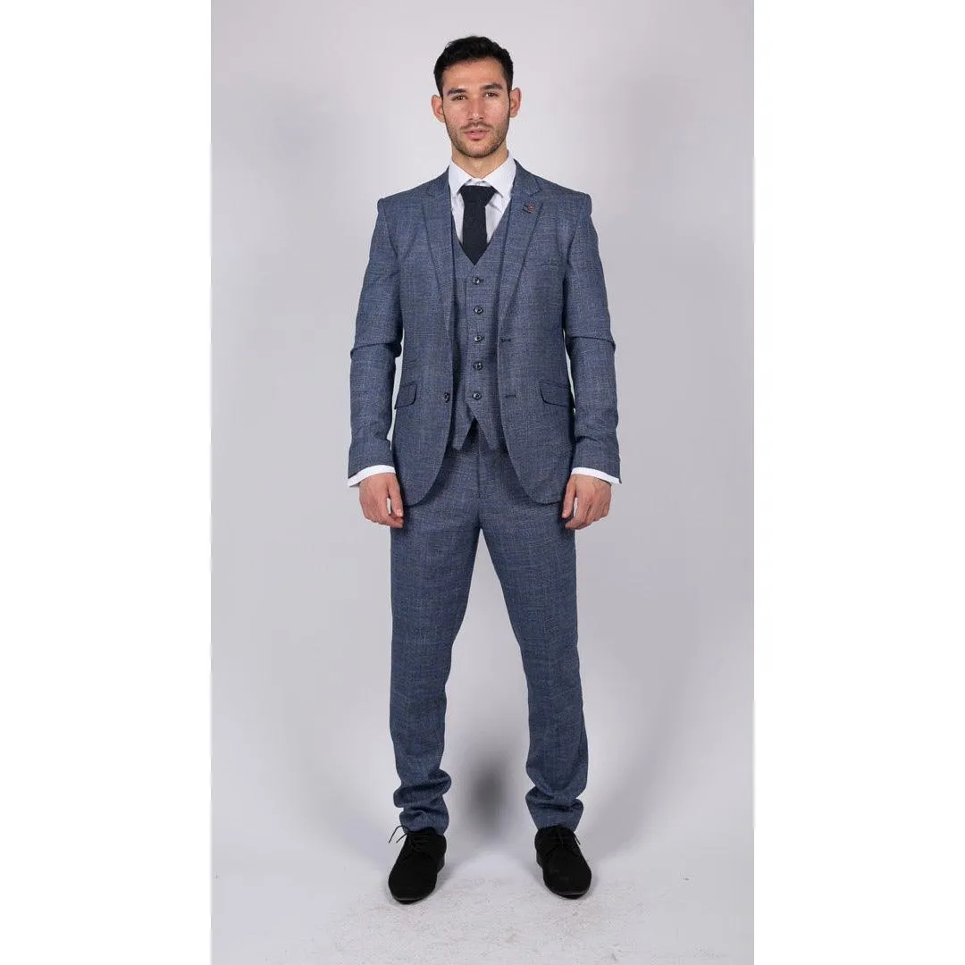 Mens 3 Piece Suit Blue Prince Of Wales Check Tailored Fit Summer Classic Vintage