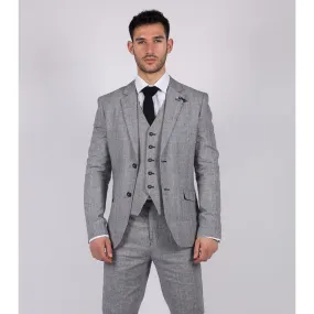 Mens 3 Piece Summer Suit Grey Check Blue Black Tailored Fit Classic Wedding Formal