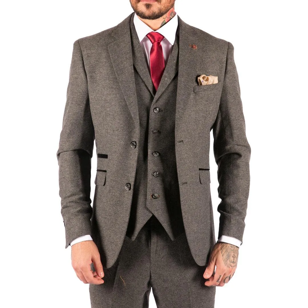 Mens 3 Piece Wool Suit Herringbone Tweed Dark Grey Formal Classic 1920s Wedding