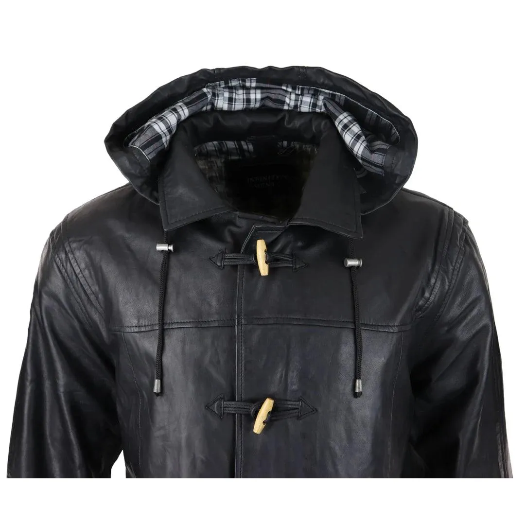 Mens Black Real Leather Duffle Jacket Coat Toggle Classic Fisherman Hooded 3/4