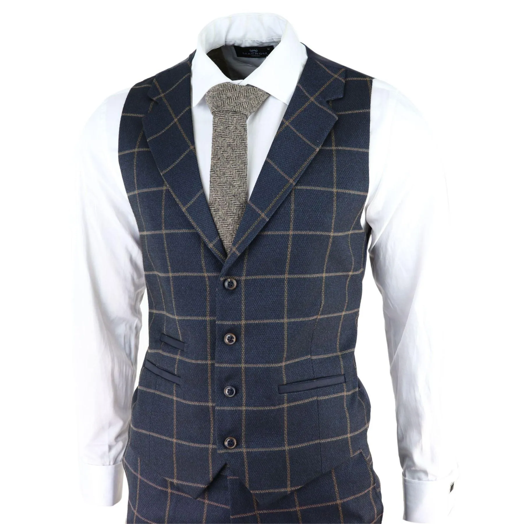 Mens Herringbone Tweed Navy Blue Check 3 Piece Wool Suit Tan