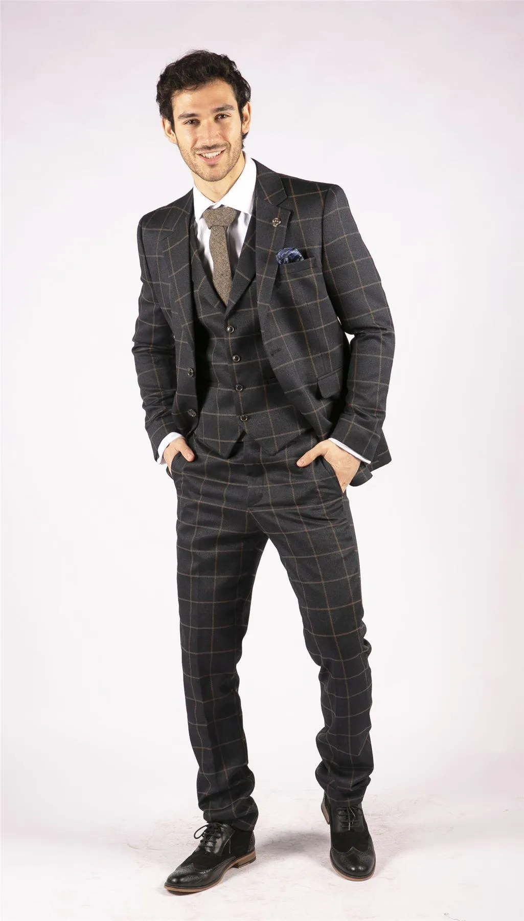 Mens Herringbone Tweed Navy Blue Check 3 Piece Wool Suit Tan