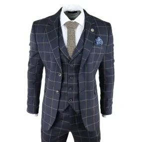 Mens Herringbone Tweed Navy Blue Check 3 Piece Wool Suit Tan