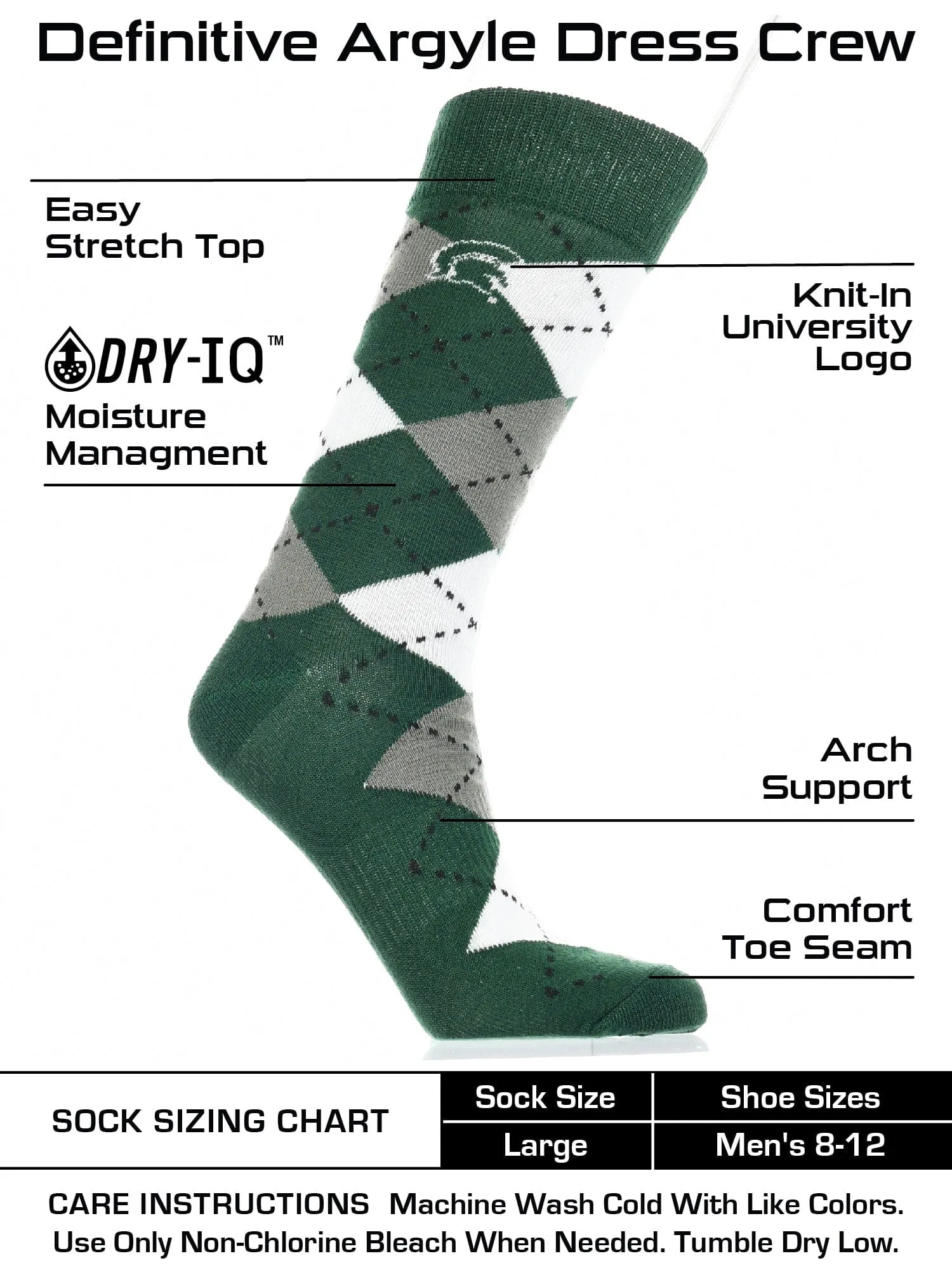 Michigan State Spartans Argyle Dress Socks NCAA Fanwear Crew Length