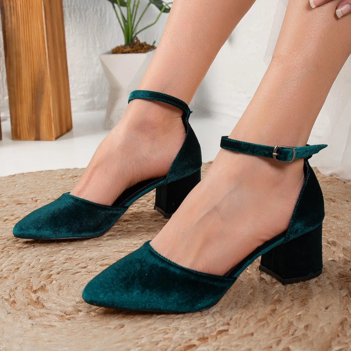 Miranda - Emerald Green Velvet Heels with Pearls