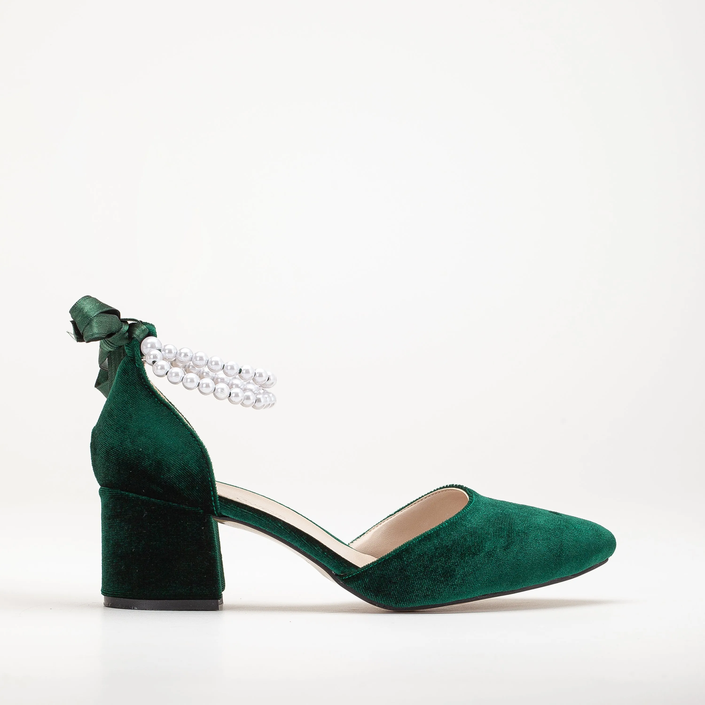 Miranda - Emerald Green Velvet Heels with Pearls