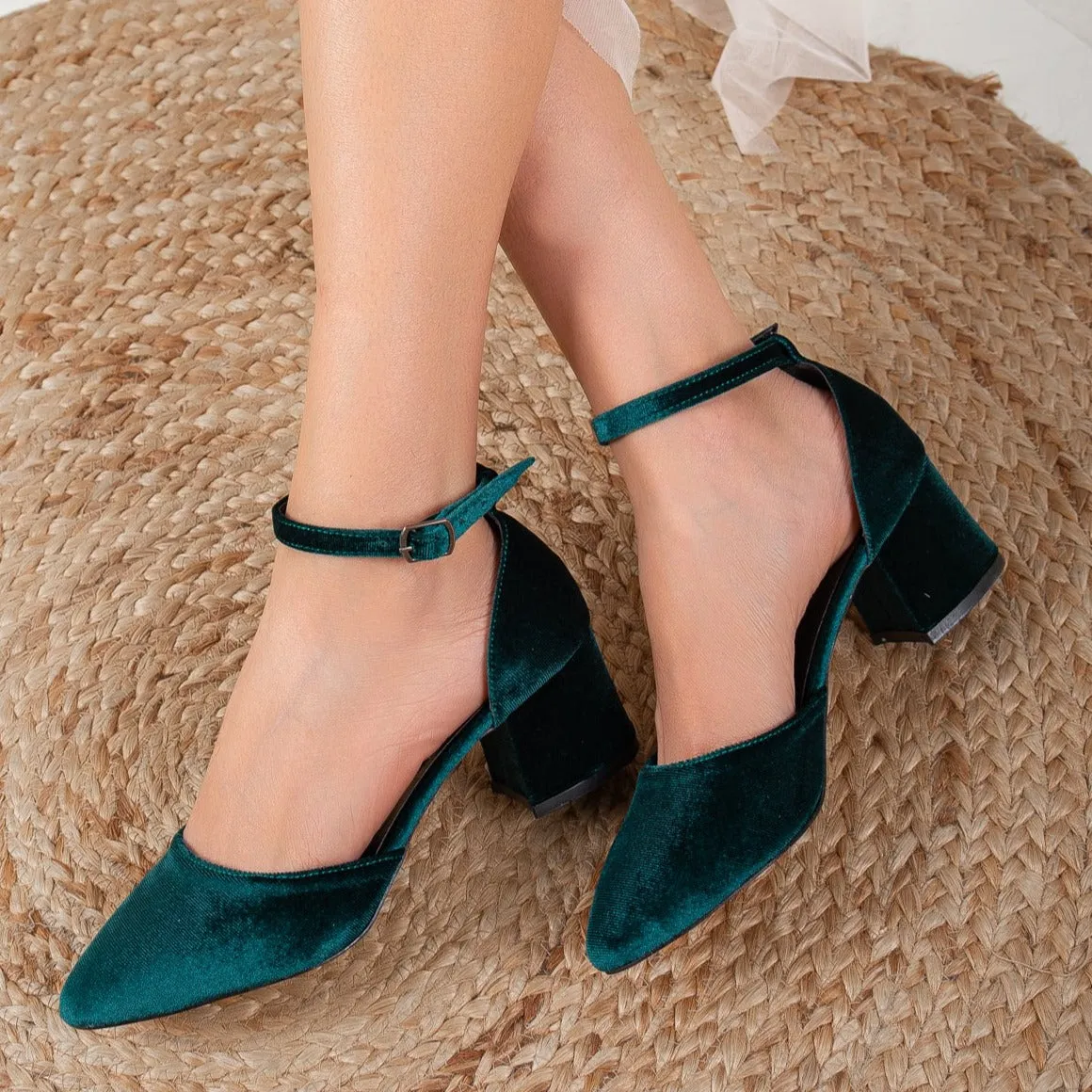 Miranda - Emerald Green Velvet Heels with Pearls