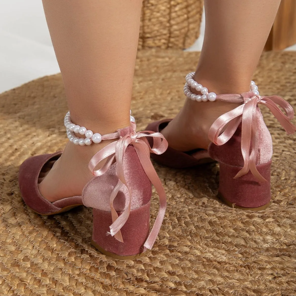 Miranda - Rose Velvet Low Heels with Pearls