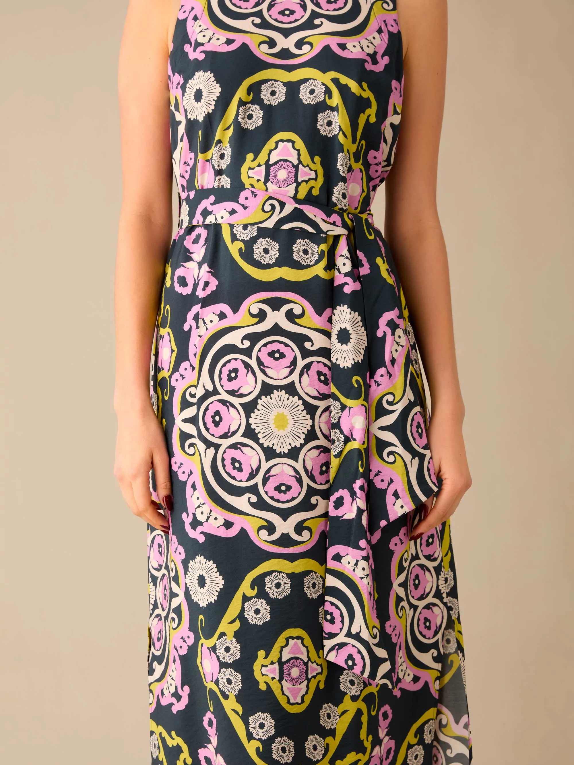 Multi Geo Print Tie Belt Dress