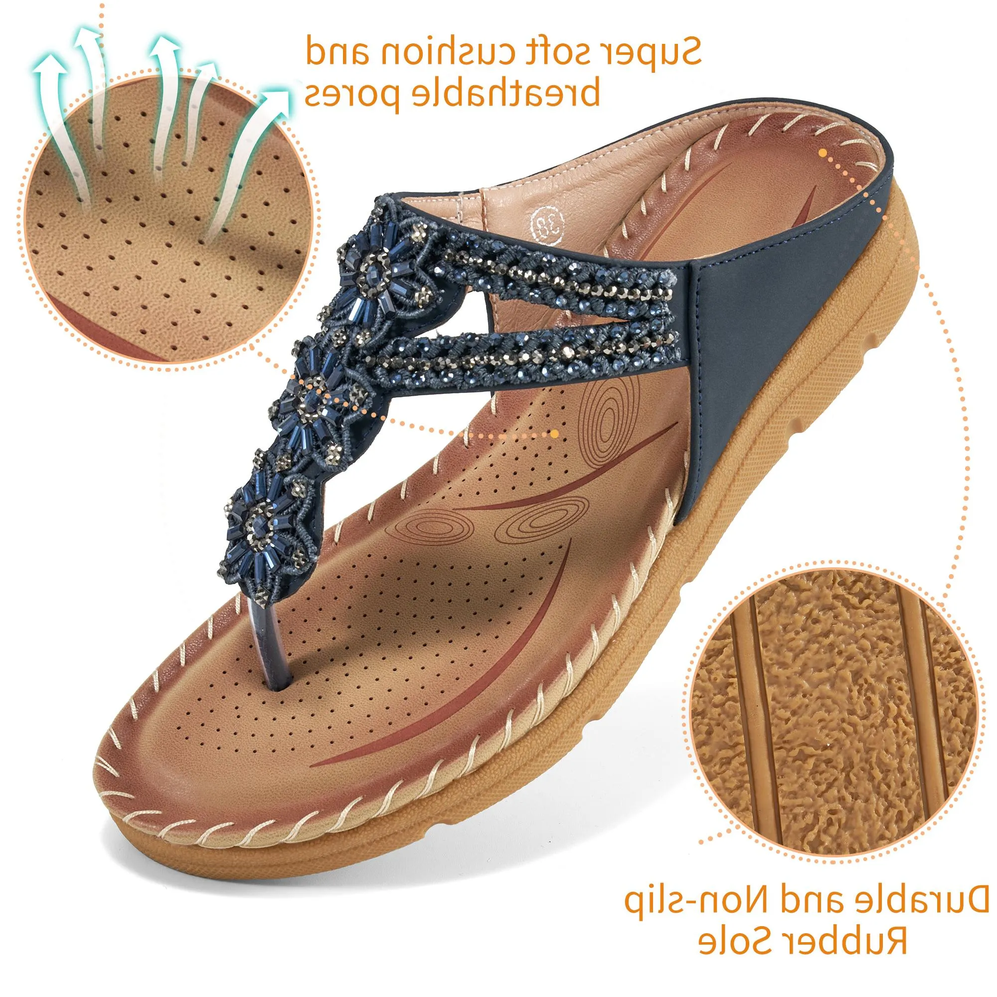 【No.3】Women's Flip Flops Comfortable Flats Sandals for Women Gladiator Bohemian Beaded Summer Shoes Outdoor Beach Clip Toe Sandal