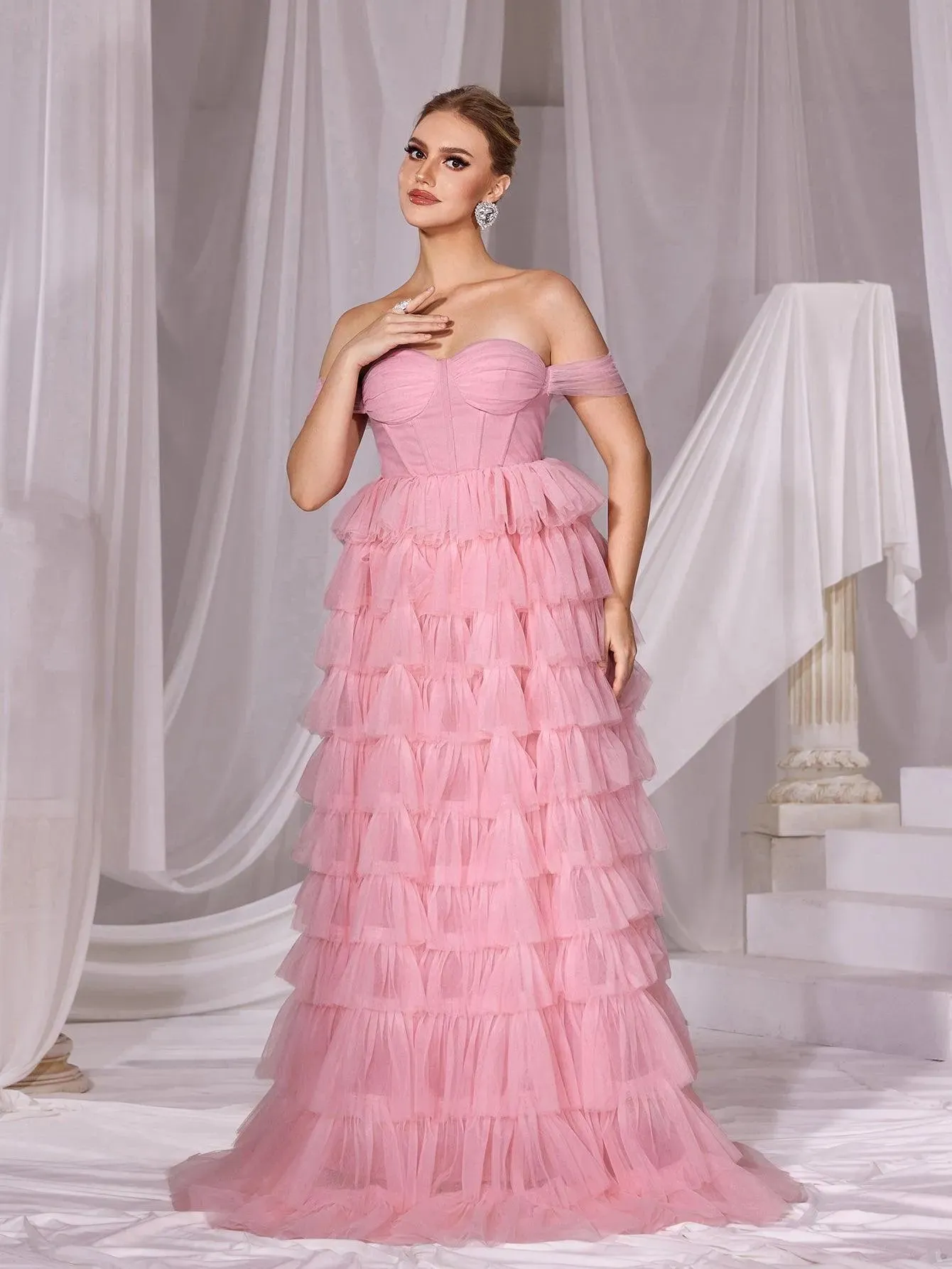 Off Shoulder Mesh Layered Hem Cake Prom Dress