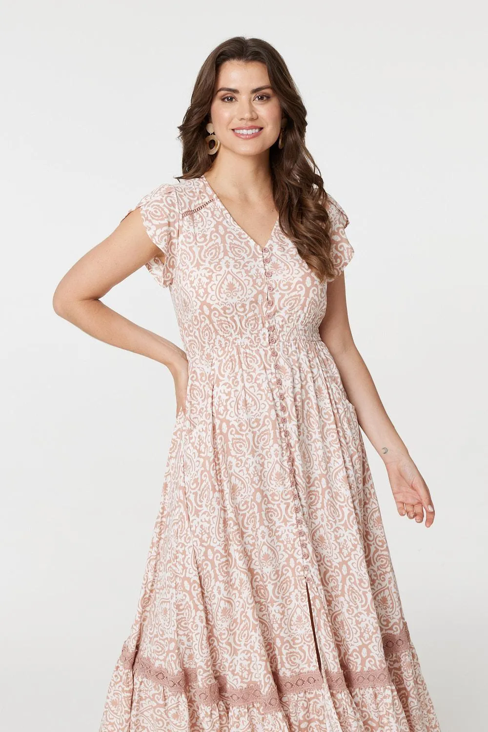 Paisley Print Lace Trim Maxi Dress