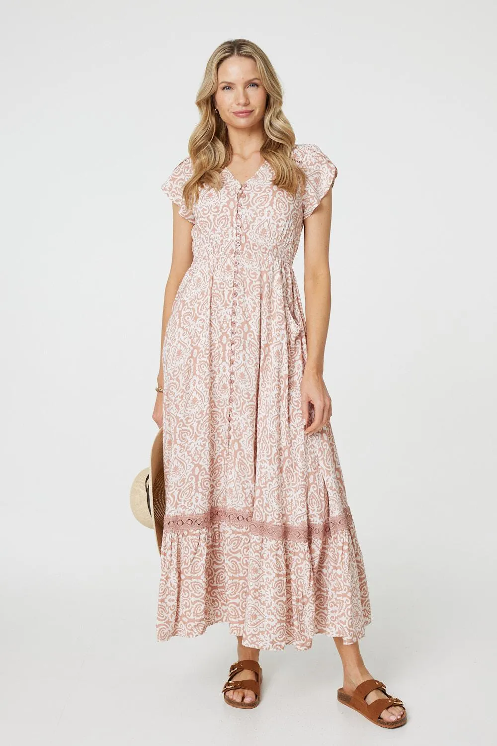 Paisley Print Lace Trim Maxi Dress