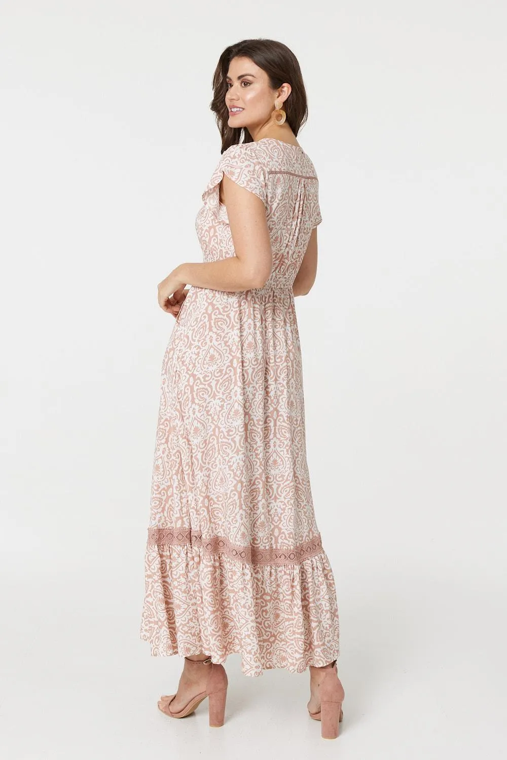 Paisley Print Lace Trim Maxi Dress