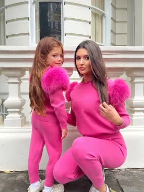 Premium Hot Pink Faux Fur Hooded Tracksuit