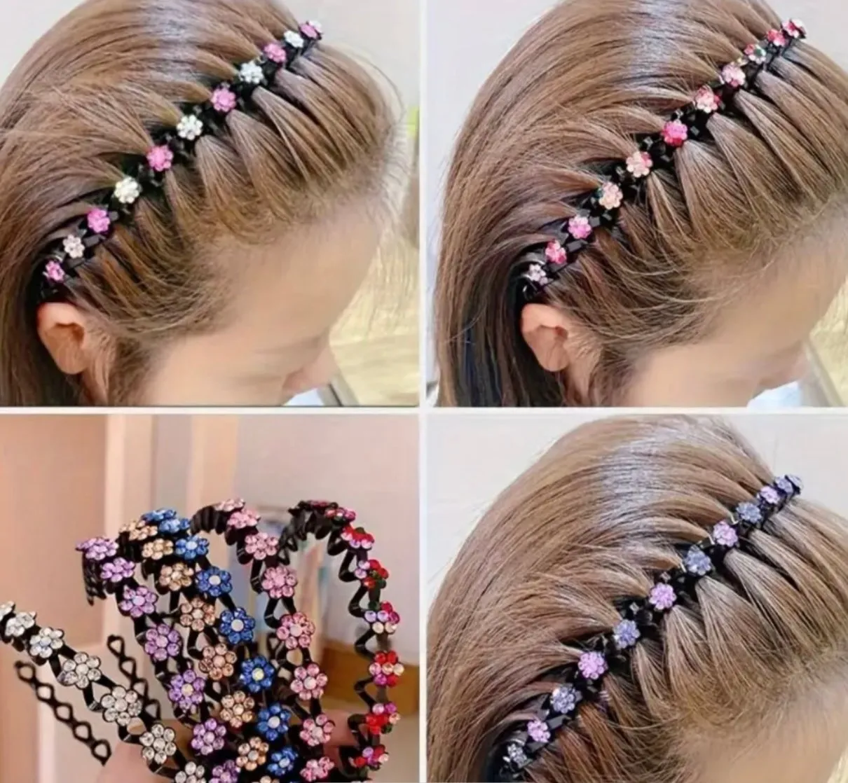 Rhinestone Hoop, Wave Comb Headbands for Women, Girls Flower Crystal Stretchy Plastic Hairband, Diamond Fashion Hair Band Accessories