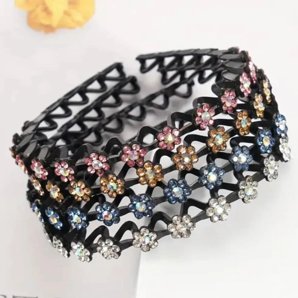 Rhinestone Hoop, Wave Comb Headbands for Women, Girls Flower Crystal Stretchy Plastic Hairband, Diamond Fashion Hair Band Accessories