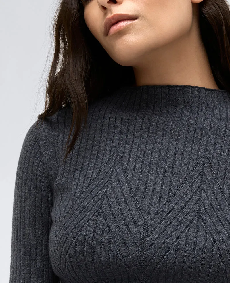 Ribbed Mock Neck Chevron Stitch Sweater