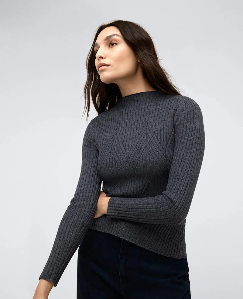 Ribbed Mock Neck Chevron Stitch Sweater