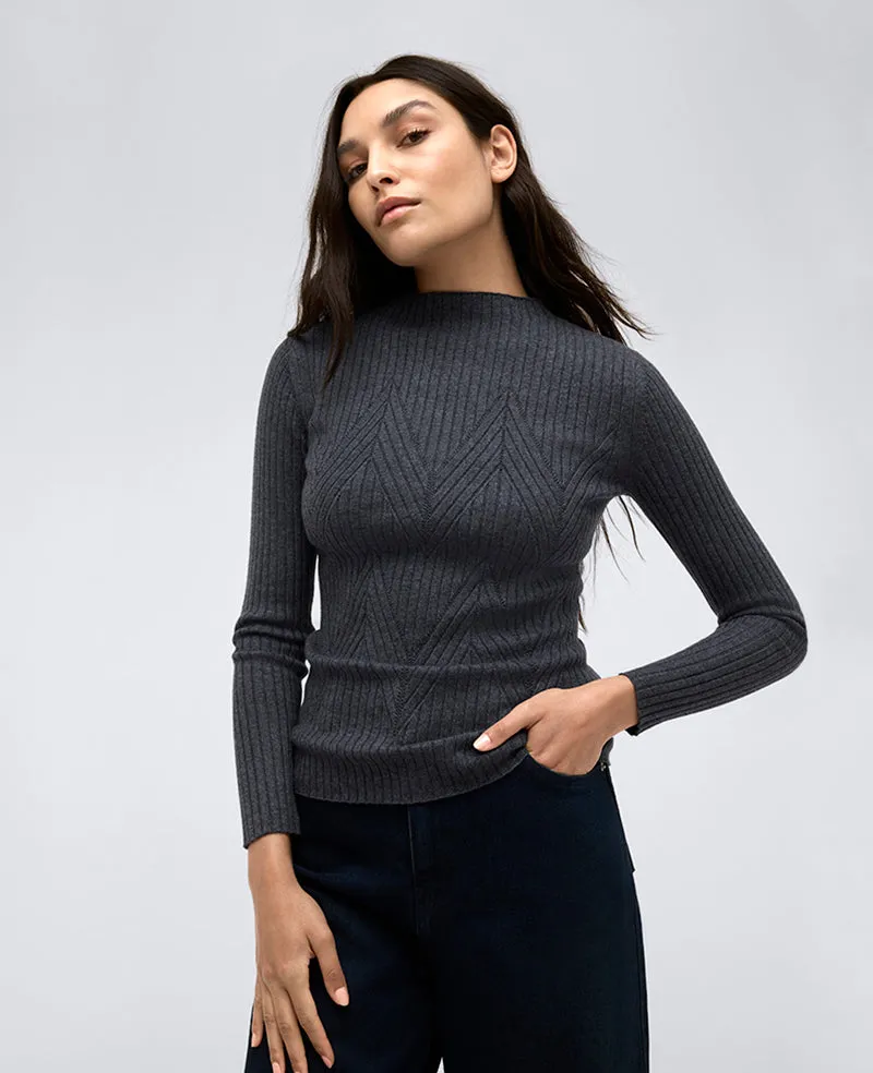 Ribbed Mock Neck Chevron Stitch Sweater