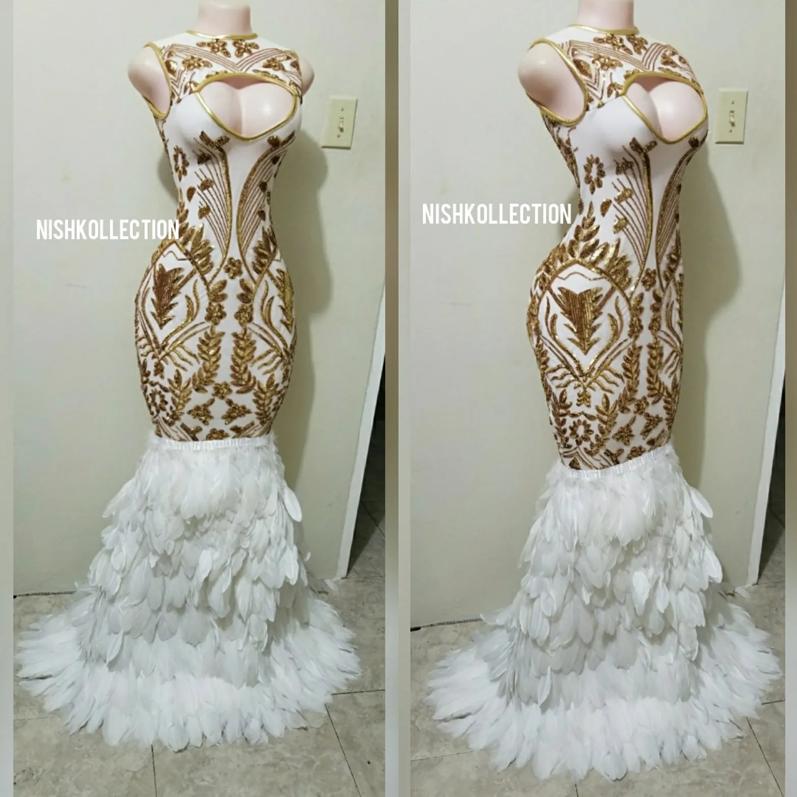 Sereena gold and white sequin sleeveless feather gown