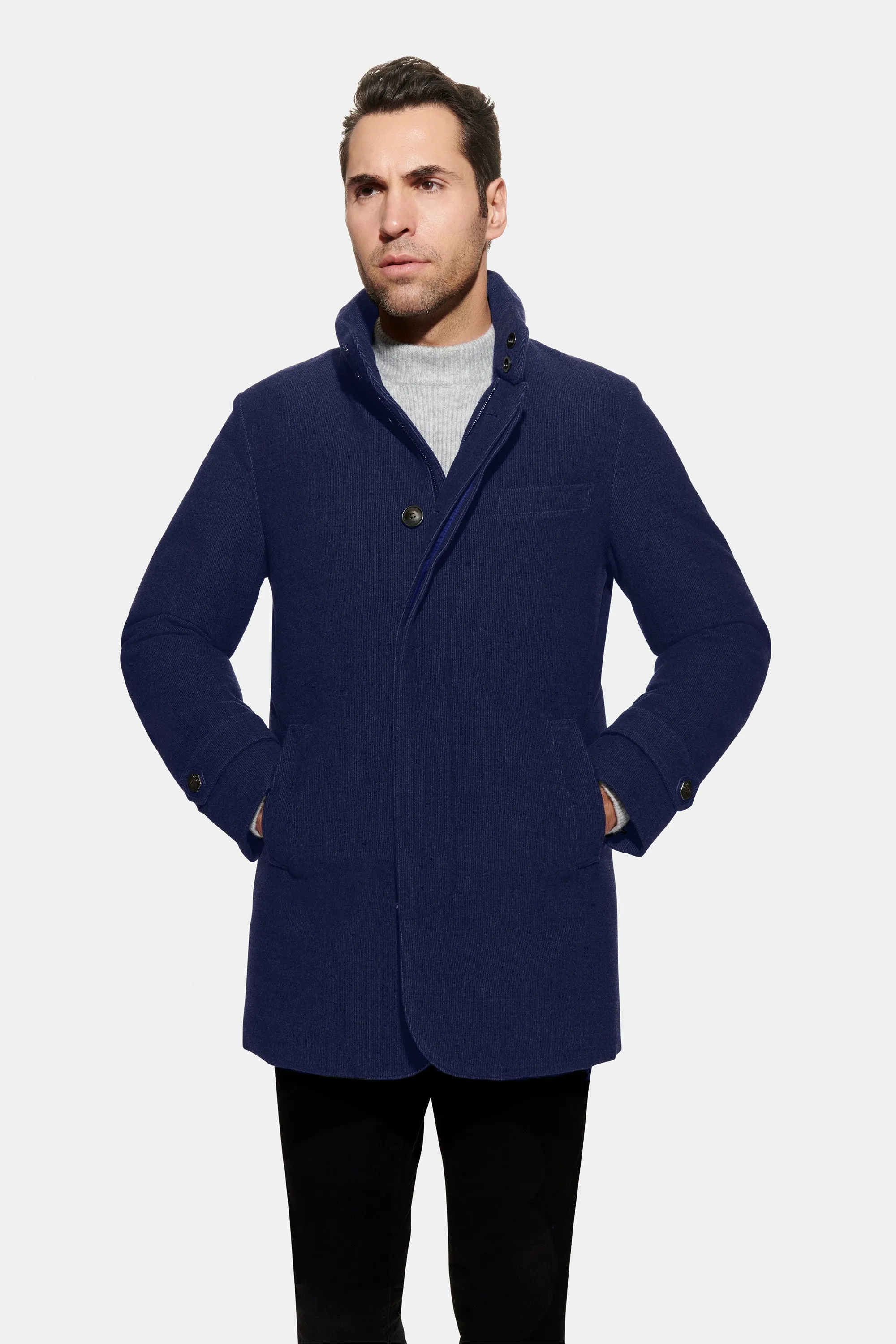 Soft Wool Textured Hooded Car Coat, Navy