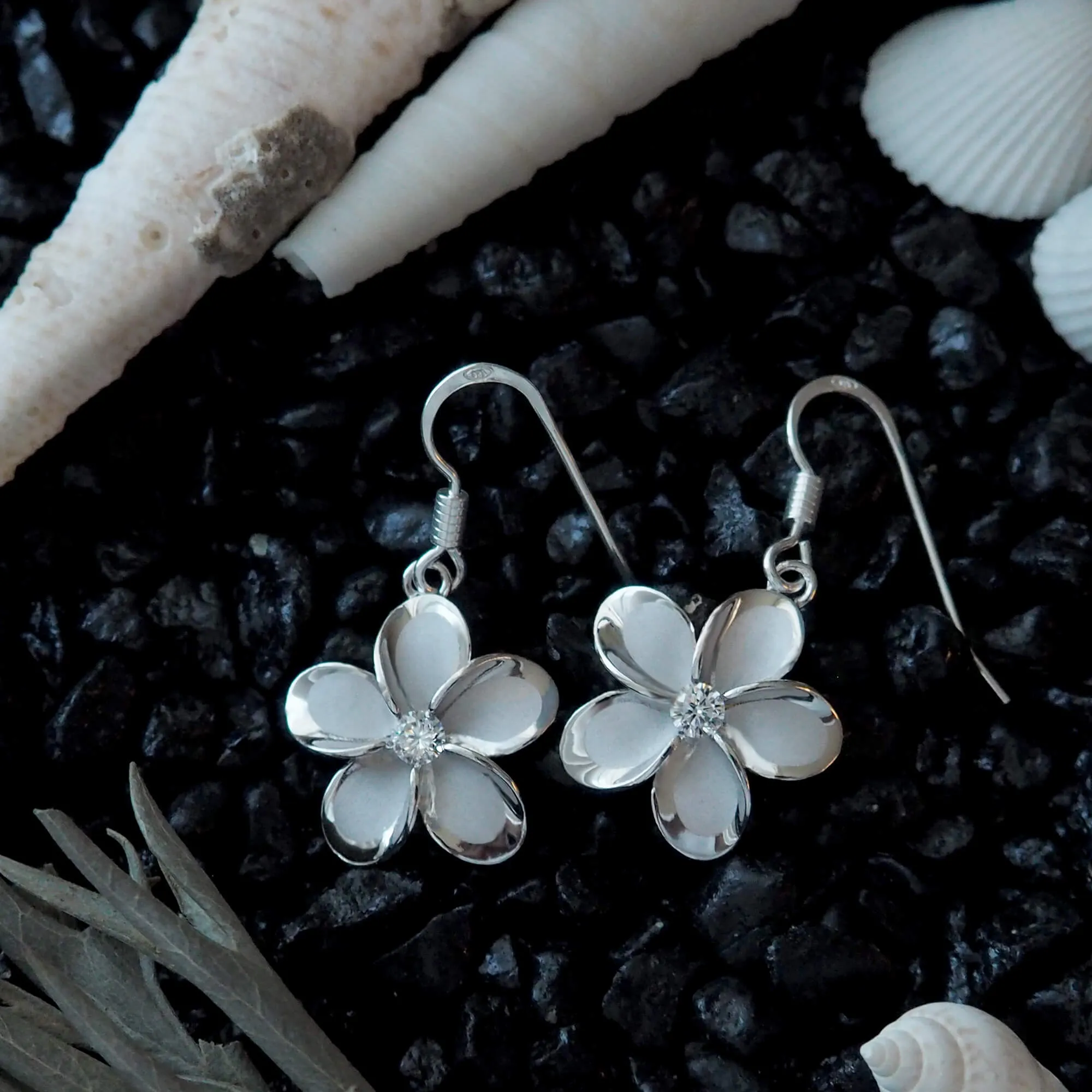 Sterling Silver 15mm Plumeria Dangle Earrings