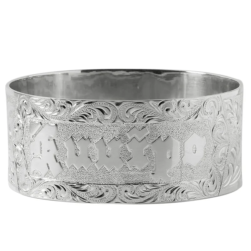 Sterling Silver Custom-Made Hawaiian Heirloom Bangle Raise Letter with Hawaiian Flowers 32mm