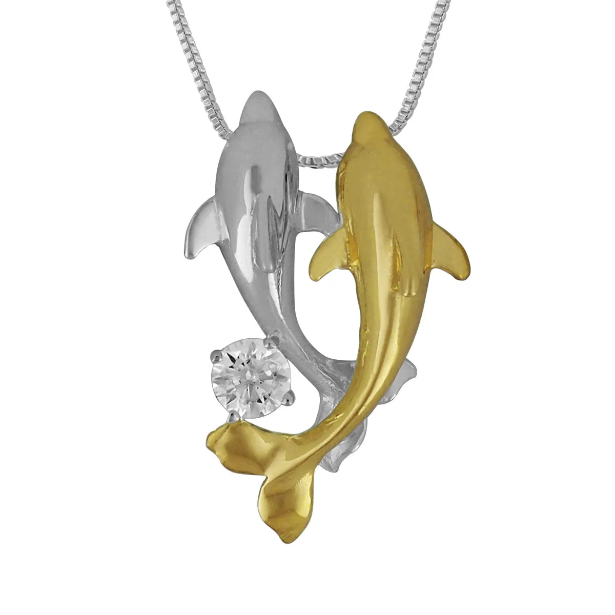 Sterling Silver Double Dolphin Pendant Necklace, 16 2" Extender