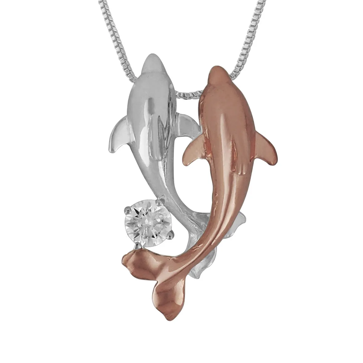 Sterling Silver Double Dolphin Pendant Necklace, 16 2" Extender