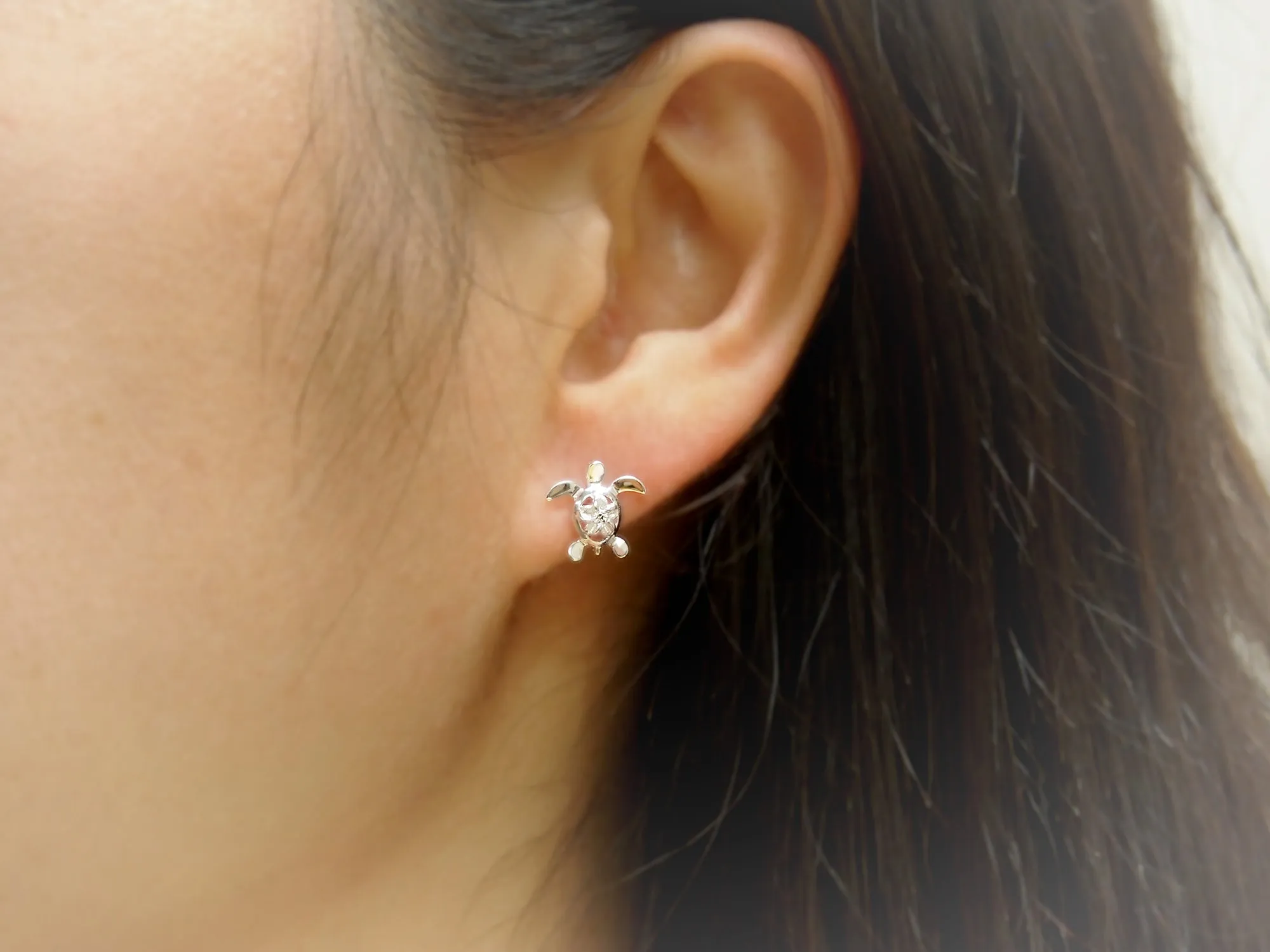 Sterling Silver Small Turtle and Plumeria Stud Earrings