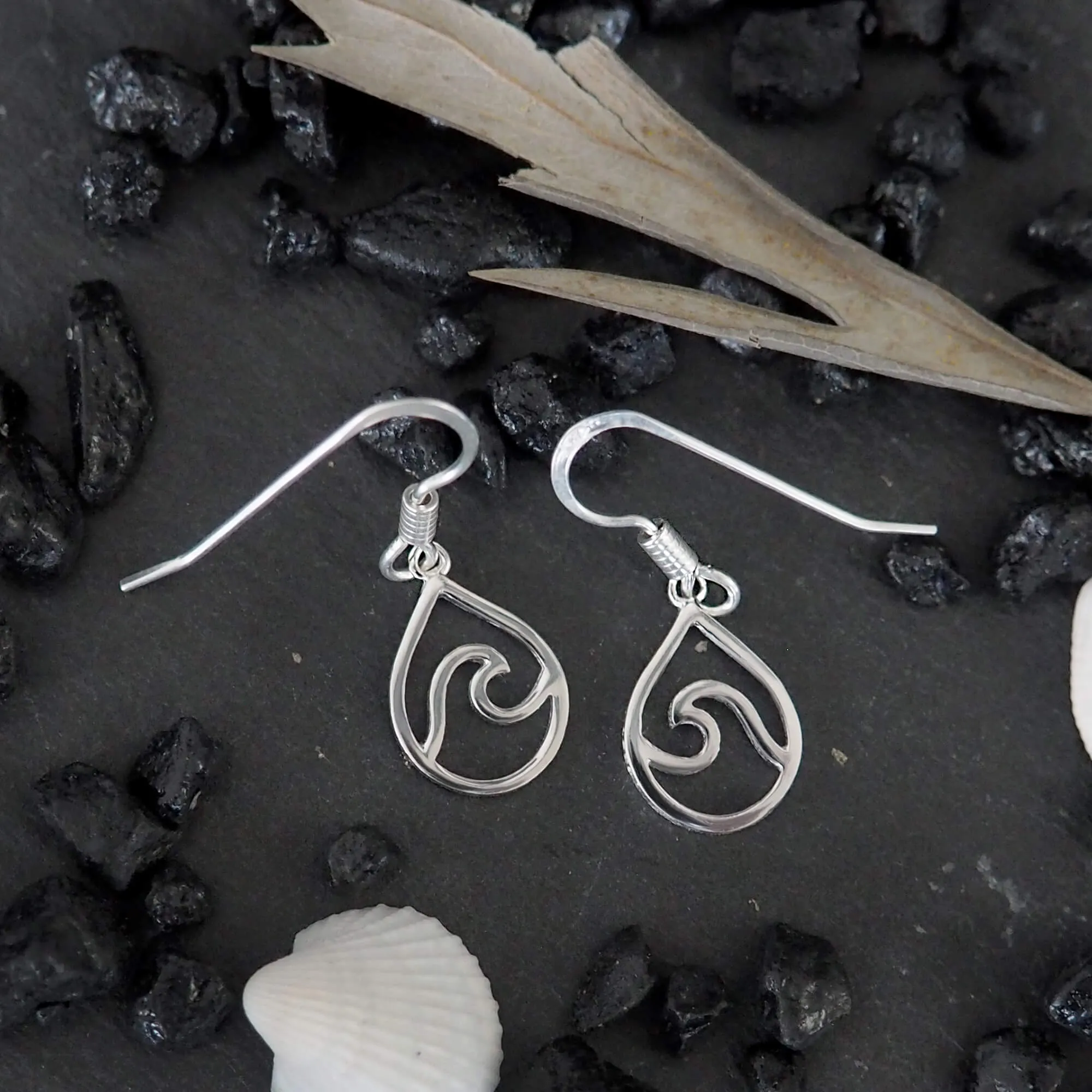 Sterling Silver Wave in Teardrop Dangle Earrings