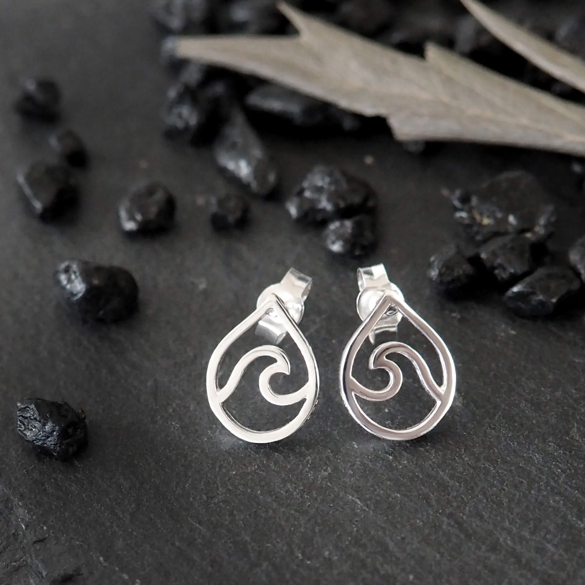 Sterling Silver Wave in Teardrop Stud Earrings