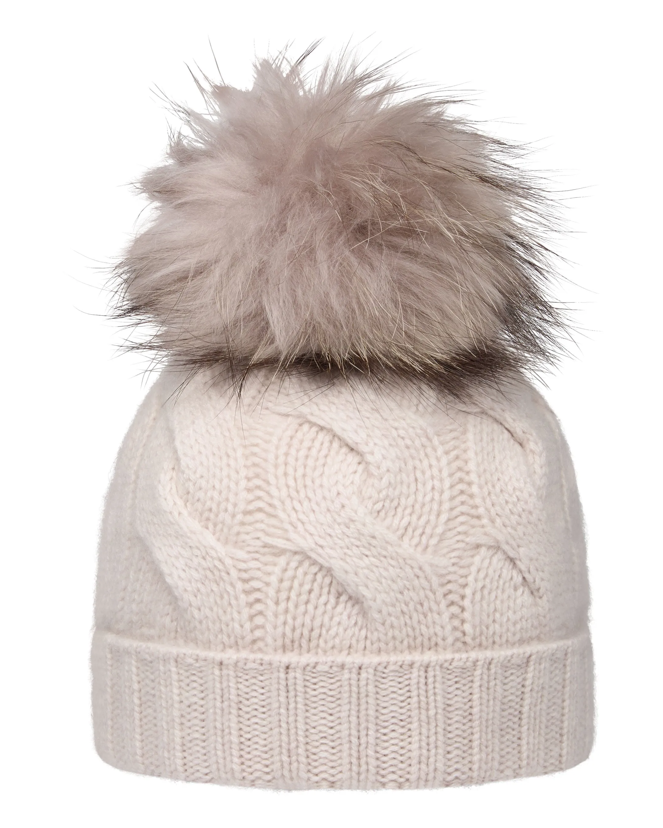 Unisex Chunky Cable Cashmere Hat With Pom Frost White