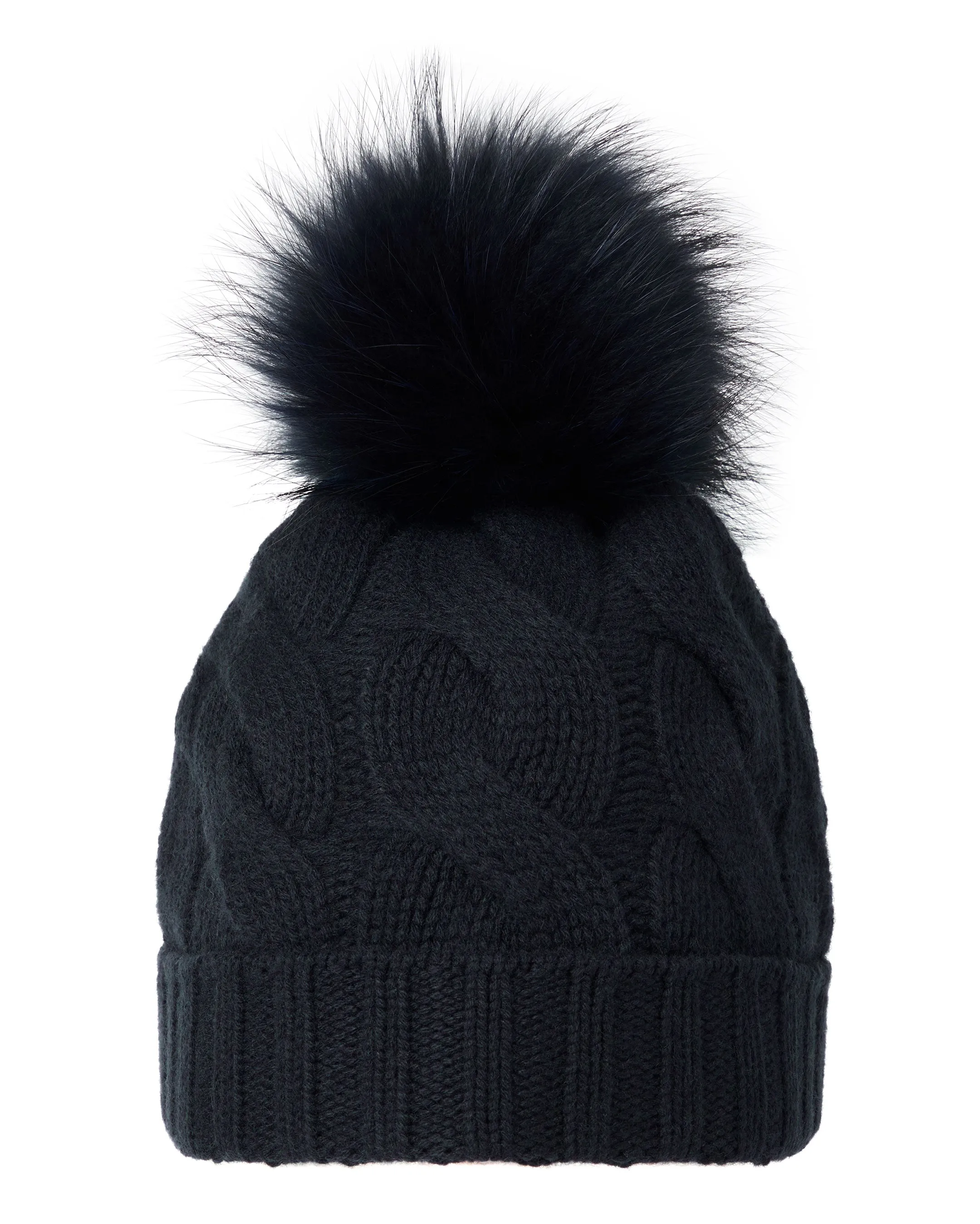 Unisex Chunky Cable Cashmere Hat With Pom Navy Blue