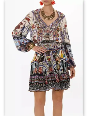 Women’s Crystal Embellished Shirred Relaxed Mini Dress with Multicolored Print