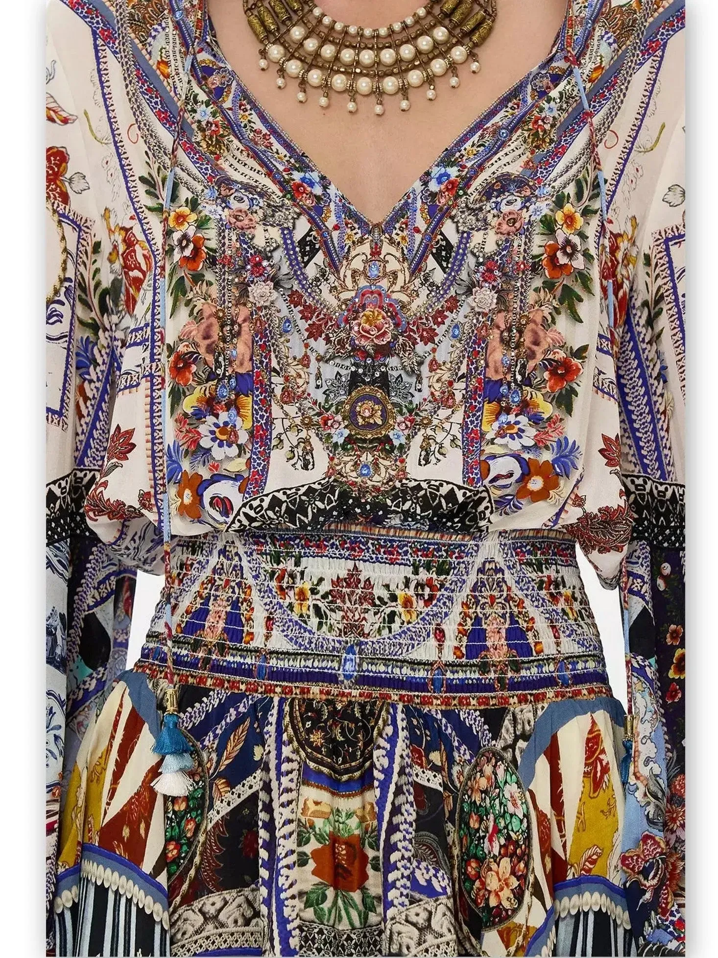 Women’s Crystal Embellished Shirred Relaxed Mini Dress with Multicolored Print