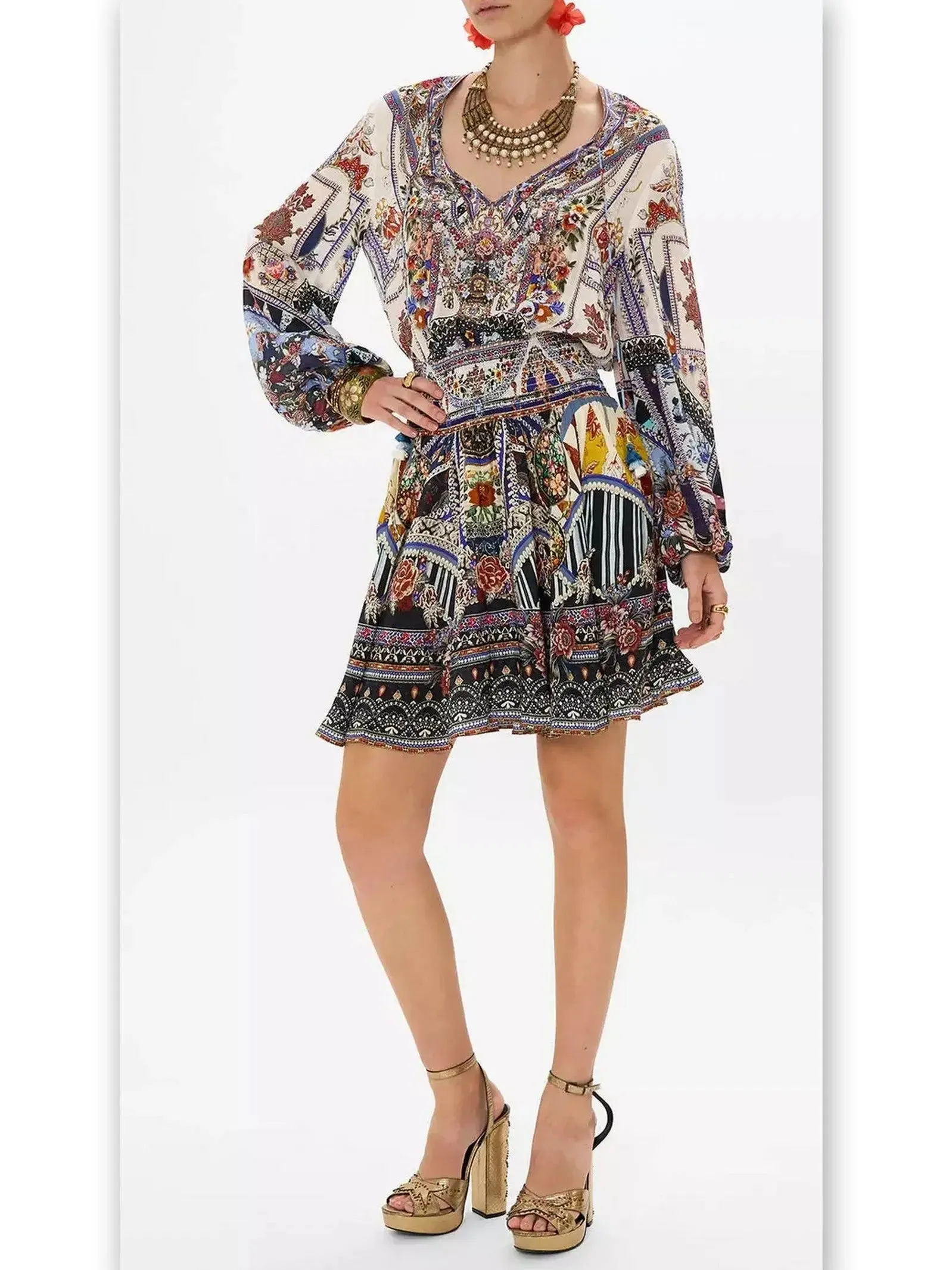 Women’s Crystal Embellished Shirred Relaxed Mini Dress with Multicolored Print