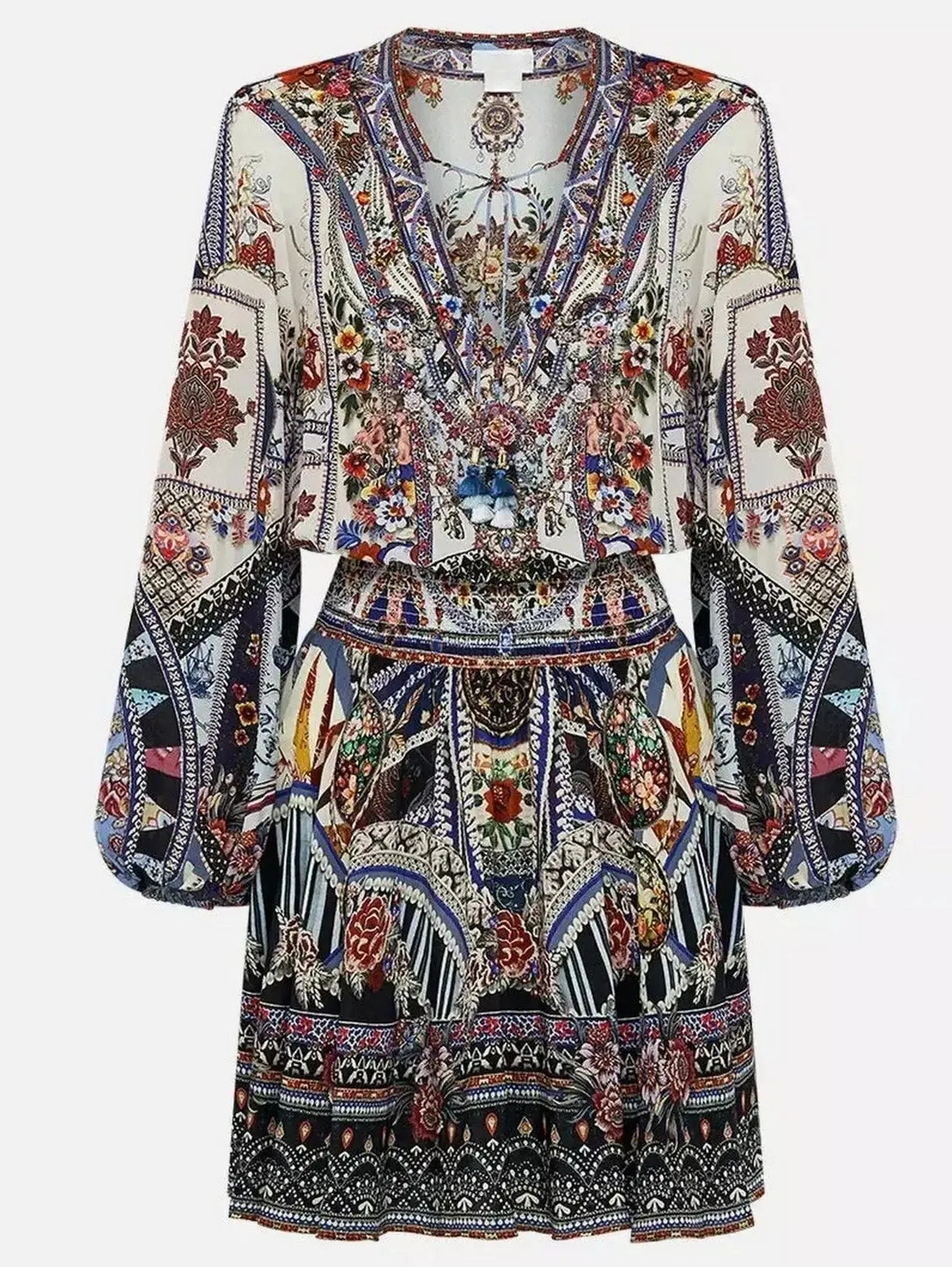 Women’s Crystal Embellished Shirred Relaxed Mini Dress with Multicolored Print