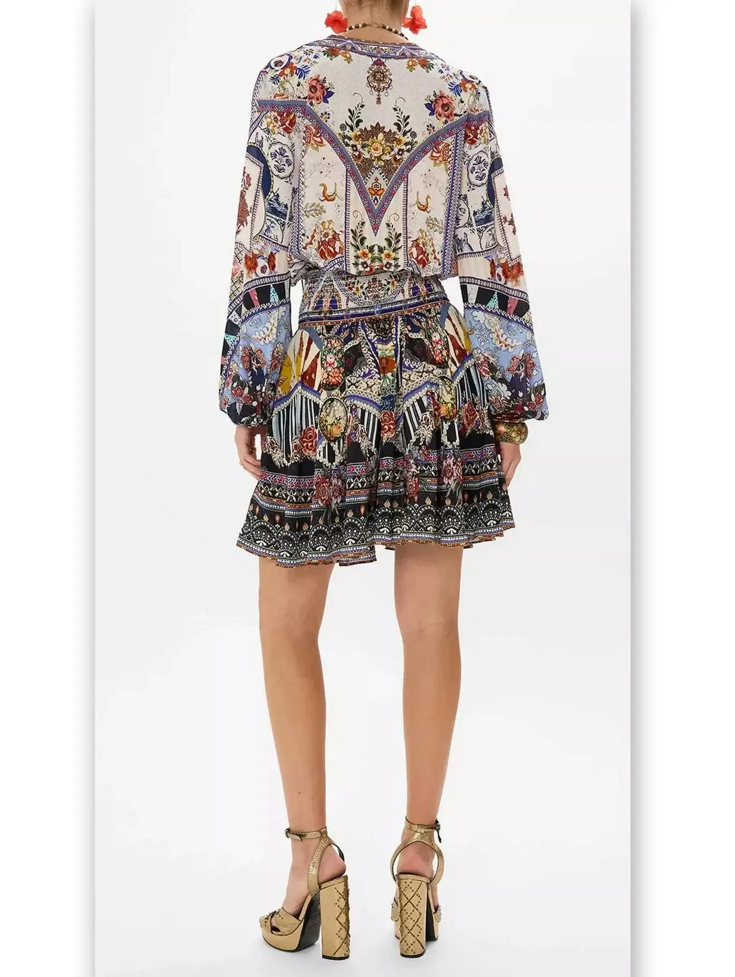 Women’s Crystal Embellished Shirred Relaxed Mini Dress with Multicolored Print