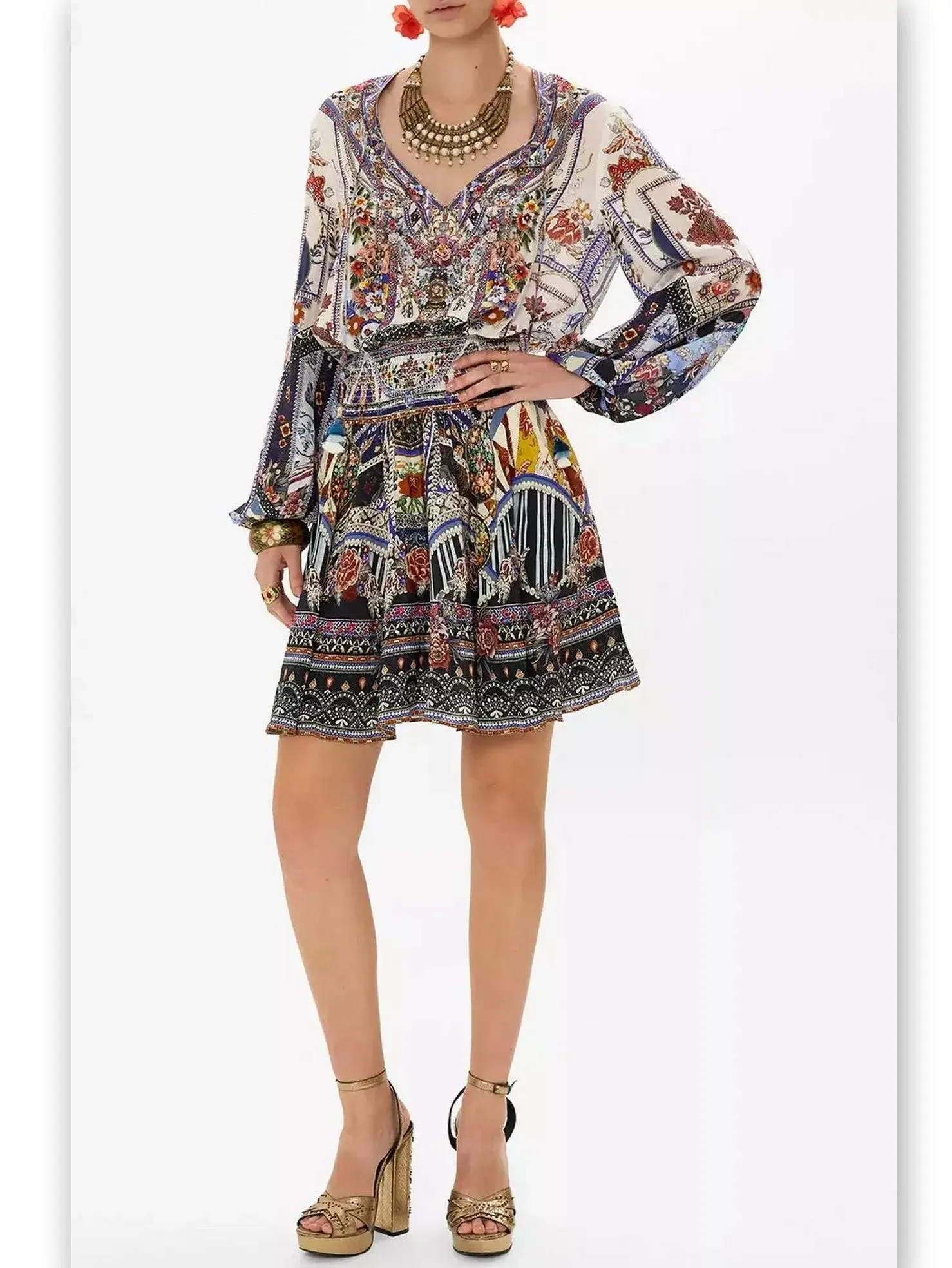 Women’s Crystal Embellished Shirred Relaxed Mini Dress with Multicolored Print