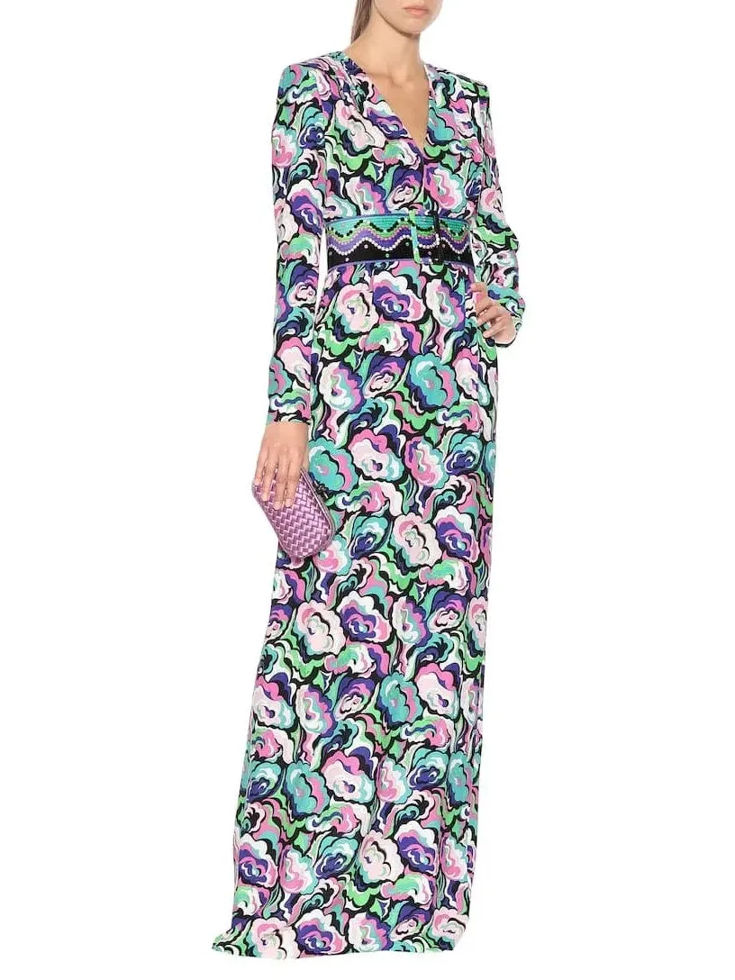 Women’s Crêpe V-Neck Multicolored Maxi Dress