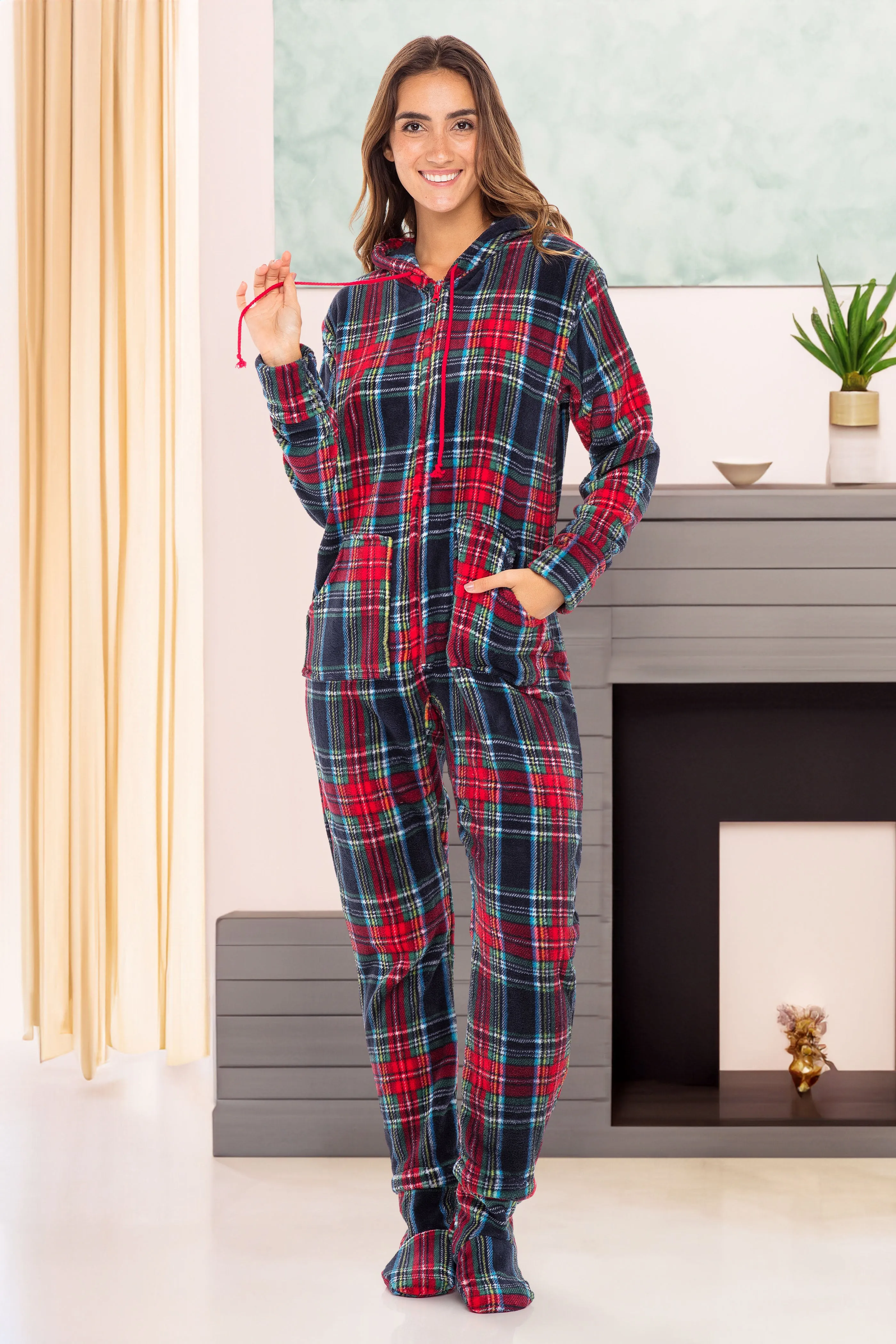 Women's Hooded Footed Pajamas, Plush Adult Onesie, Winter PJs with Hood