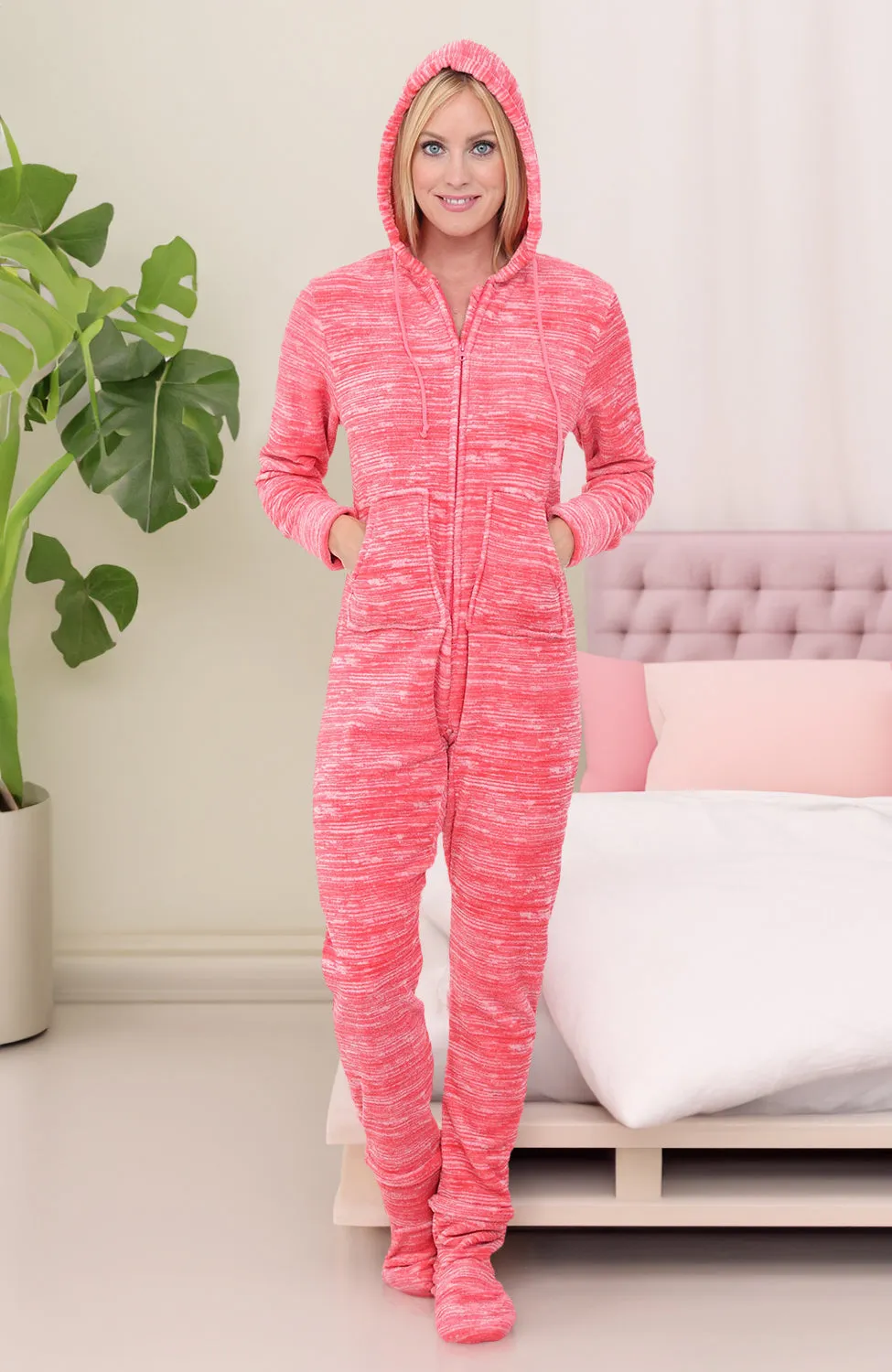 Women's Hooded Footed Pajamas, Plush Adult Onesie, Winter PJs with Hood