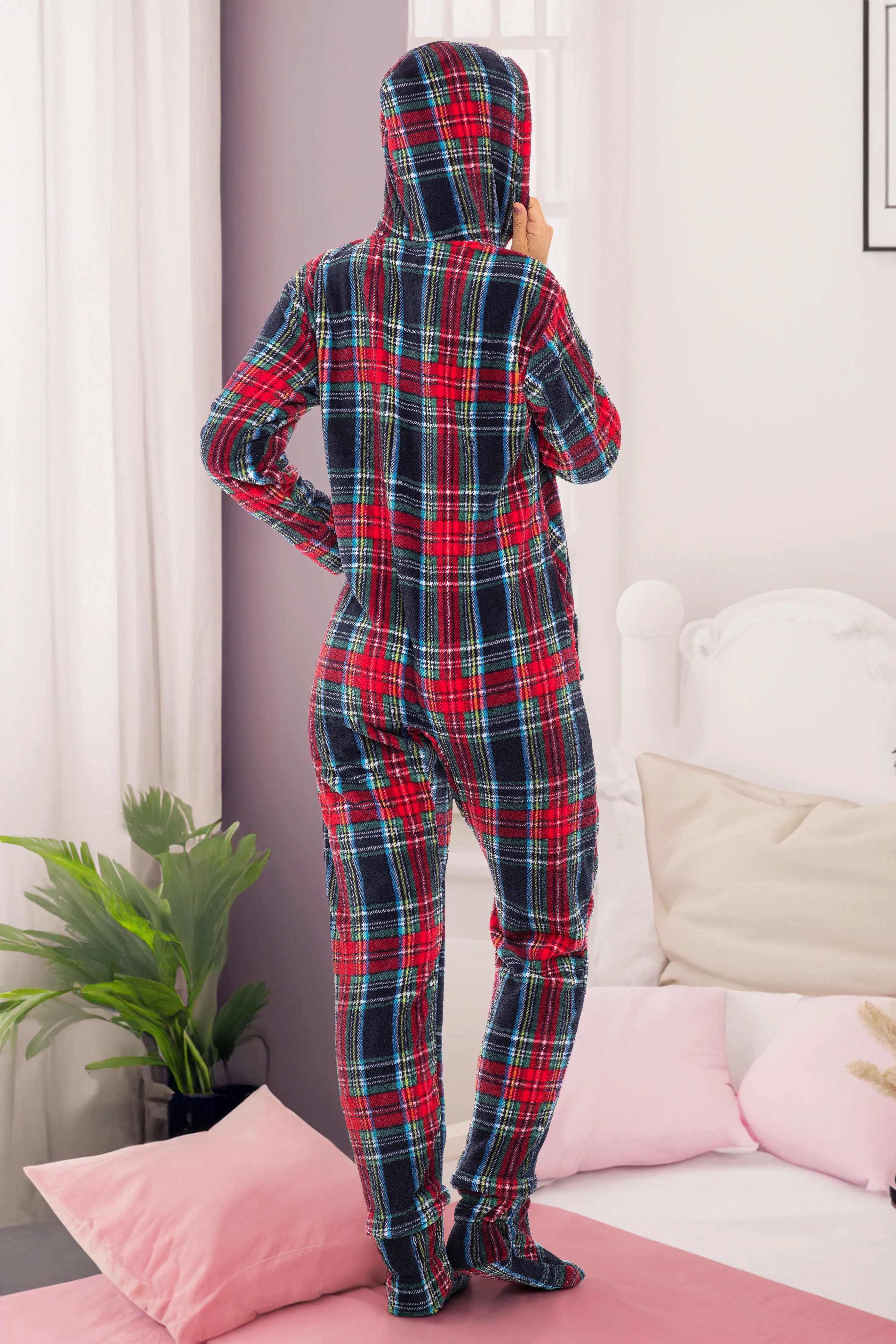 Women's Hooded Footed Pajamas, Plush Adult Onesie, Winter PJs with Hood