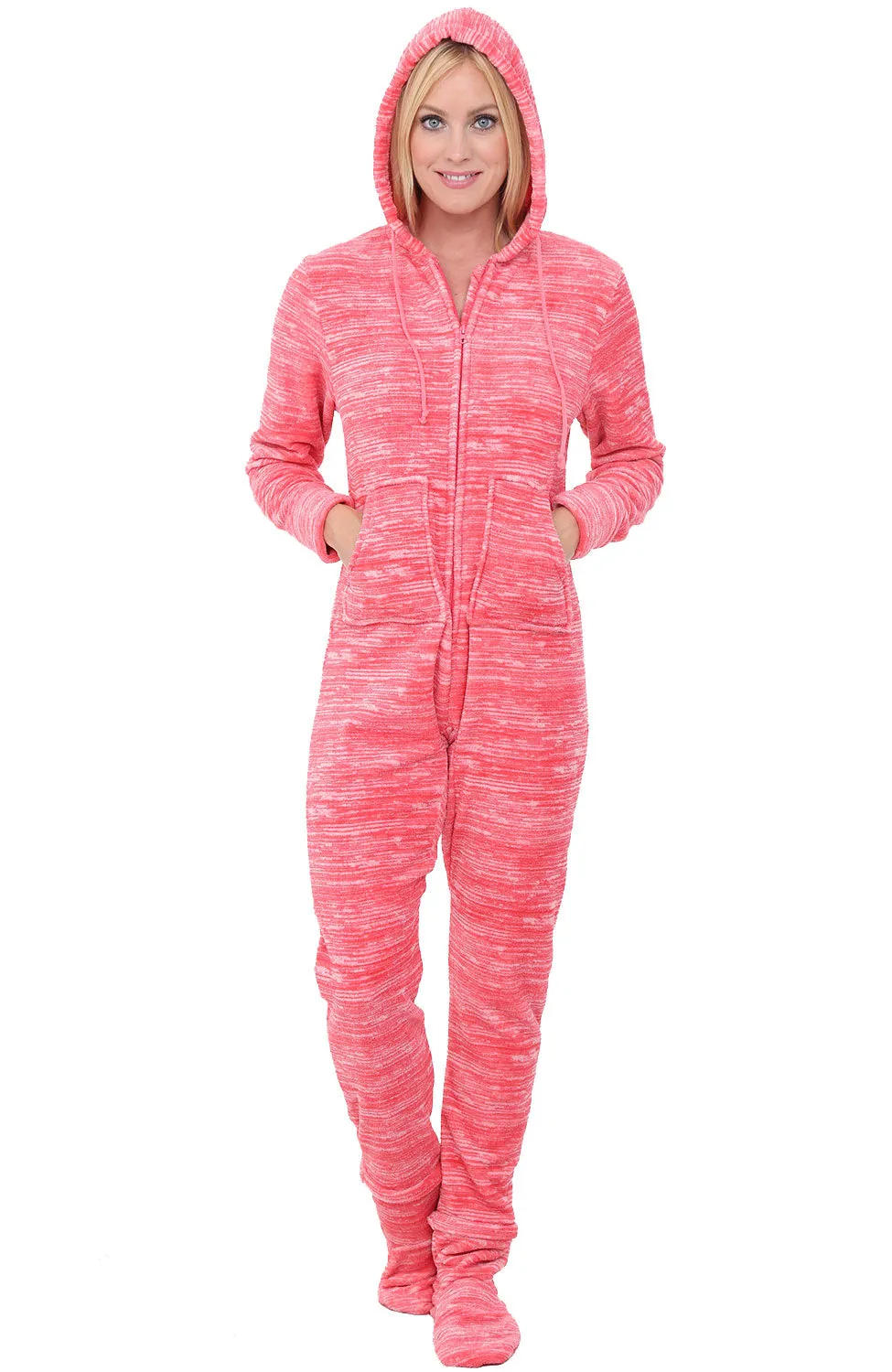 Women's Hooded Footed Pajamas, Plush Adult Onesie, Winter PJs with Hood