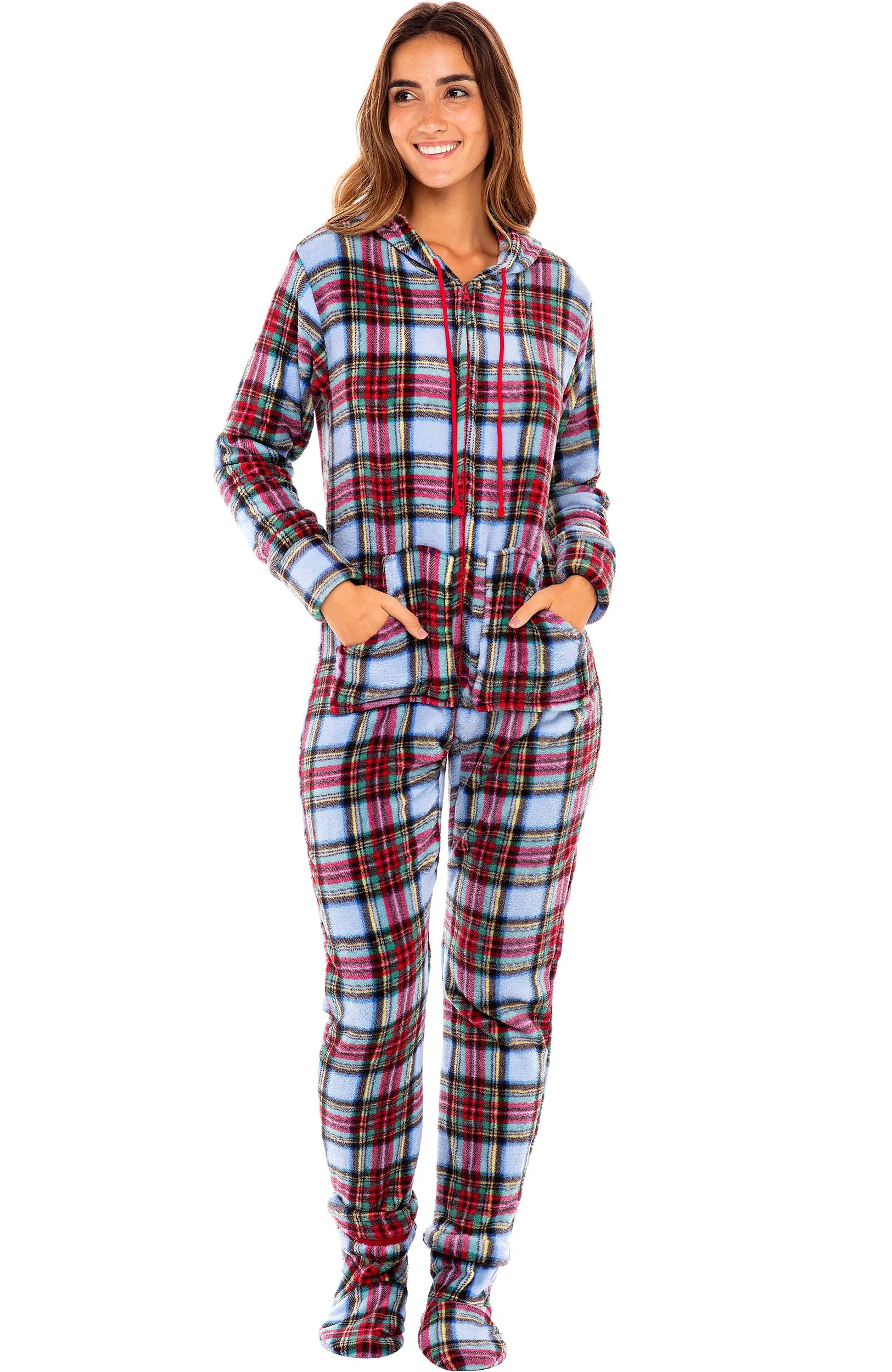 Women's Hooded Footed Pajamas, Plush Adult Onesie, Winter PJs with Hood